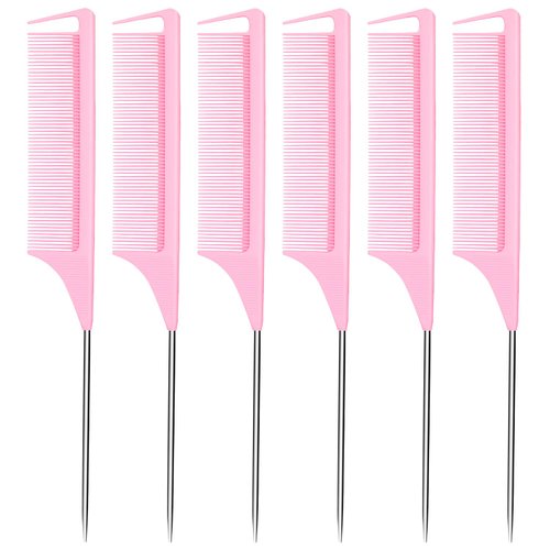 6PCS Hair Rat Tail Comb Metal Carbon Parting Hairdressing Styling Tools for Women and Girls (Pink)