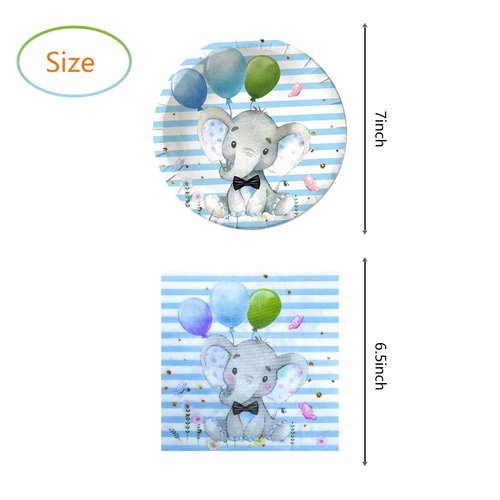 Elephant Baby Shower, Blue Elephant Birthday Party Supplies, 20 Plates and 20 Napkins, Elephant Theme Birthday Party Decoration for Boy