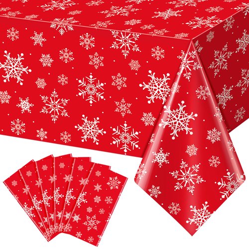 Jectivs 6 Pieces Christmas Snowflake Plastic Party Tablecloth Decorations,White Snowflake Red Xmas Backdrop Sign Table Cover Banner for Winter Christmas Holiday Party Supplies,54x108 inch (Red)