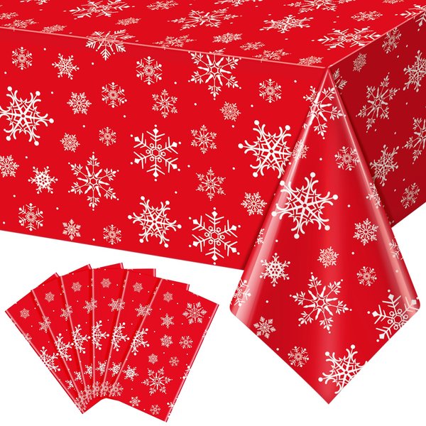 Jectivs 6 Pieces Christmas Snowflake Plastic Party Tablecloth Decorations,White Snowflake Red Xmas Backdrop Sign Table Cover Banner for Winter Christmas Holiday Party Supplies,54x108 inch (Red)