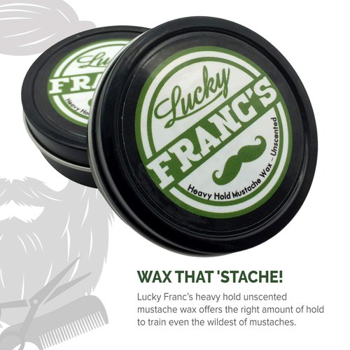 Lucky Franc's Unscented Mustache Wax for Men. Strong Frim Hold Stache Wax For Men's Grooming. All Natural Scent Free Formula With Beeswax And Coconut Oil. USA Made Mustache Styling Wax 2 Ounces