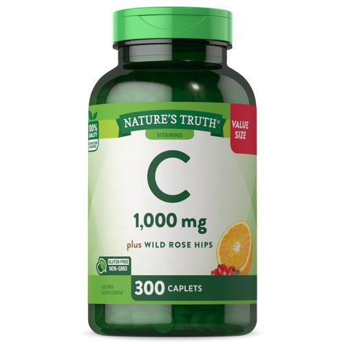 Nature's Truth Vitamin C 1000mg with Rose HIPS | 300 Caplets | Vegetarian, Non-GMO & Gluten Free Supplement
