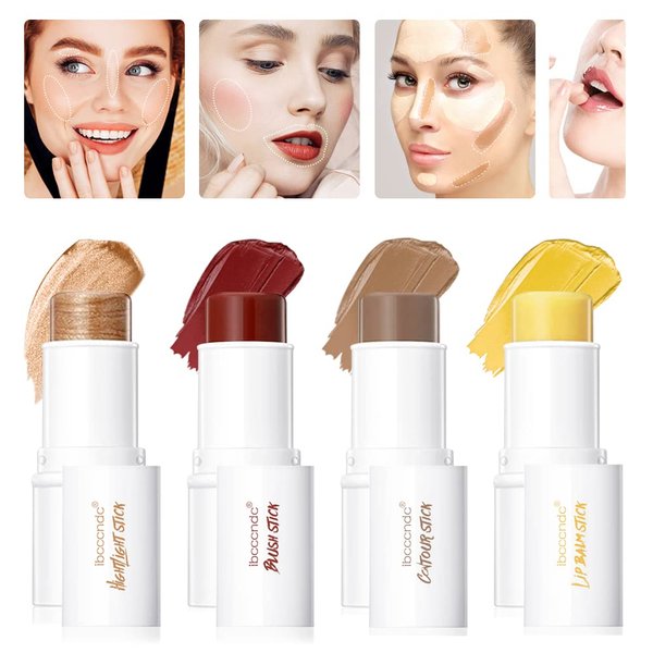 4 PCS/set ibcccndc Multifunctional Makeup Stick Kit, Blush Stick for Cheeks & Lips, Contour Stick, Highlighter Stick, Lip Balm Stick, Hydrating Skin Moisturizer Stick for Face & Body (SET 1)