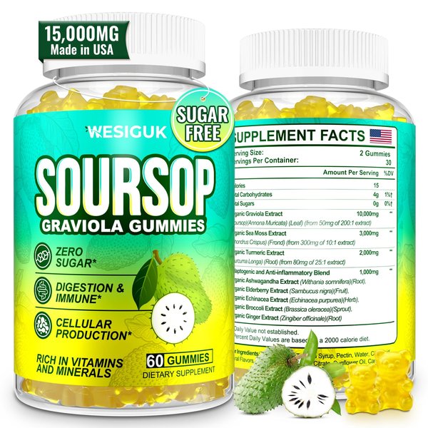 Soursop Graviola Gummies, Max Strength Soursop Leaves Extract with Sea Moss, Turmeric for Cell Support & Regeneration, Immunity, Liver and Antioxidant, Sugar/Gluten Free, Vegan - 60 Soursop Gummies