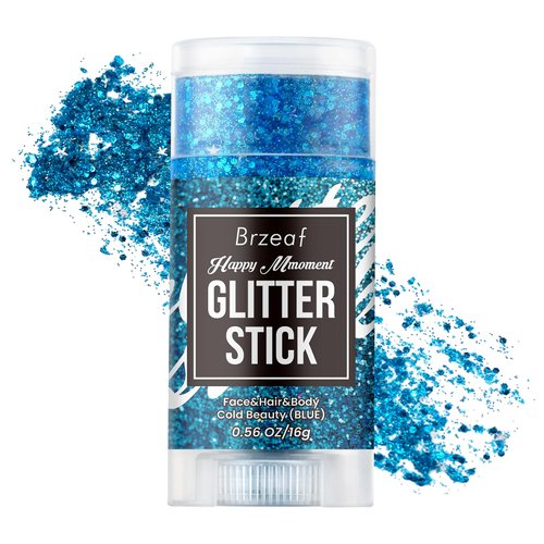 Brzeaf Waterproof Blue Glitter Stick, Safe Ingredients &Long Lasting, Hair Eyeshadow Face Body Glitter Stick, Singer Concert Music Rave Festival, Glitter Stick Makeup for Women Men