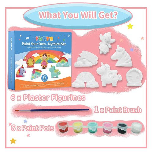 Funto Paint Your Own Unicorn Painting Kit, Arts and Crafts Set, STEAM Project Creative Activity DIY Toys, with 6 Figurines, 6 Paint Pots, 1 Brush