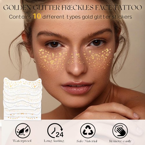 DAGEDA 10Pcs Glitter Freckles Tattoo Stickers, Face Temporary Tattoos Metallic Flash Stickers, Waterproof Tattoo Glitter Flash Tattoo Makeup Sticker For Halloween, Party, Masquerade