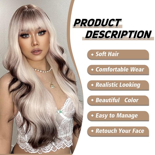 testar Long Platinum Blonde Wavy Wigs For White Women 26 Inch Brown and White Wigs with Bangs Synthetic Blonde Curly Wigs For Daily Party Use Hair Replacement Halloween Wigs