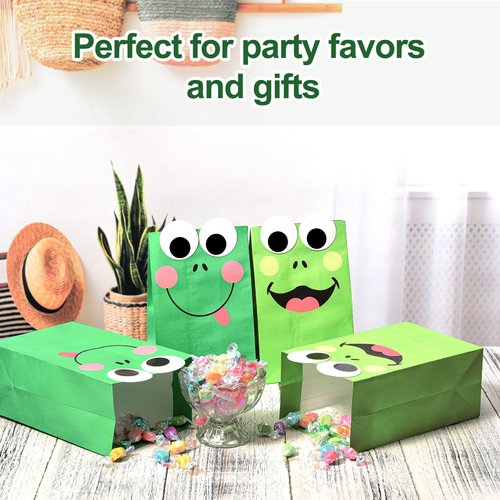 Leinuosen 25 Pcs Frog Party Favor Supplies Set Include Frog Party Paper Bags Candy Gift Bag and Frog Stickers for Kids Animal Lover Cute Cartoon Shower Frog Themed Birthday Party Decorations, Green