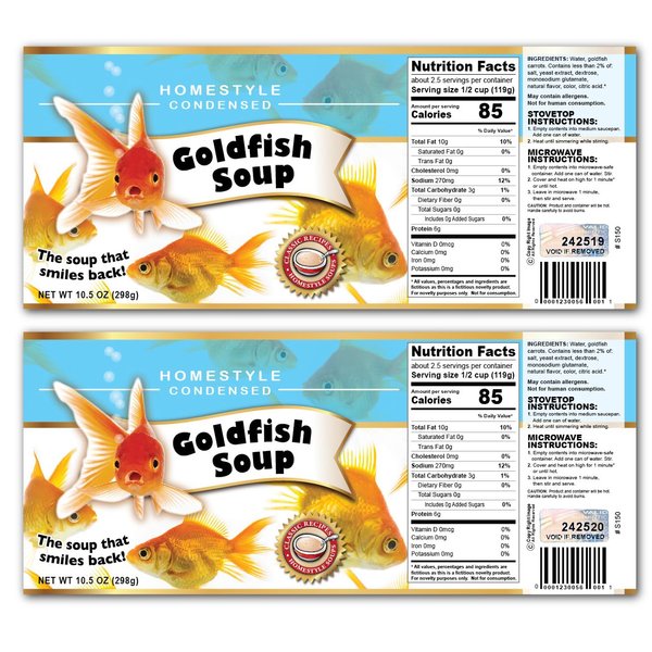 Gag Goldfish Novelty Soup Can Labels - FUNNY Joke Gift or Prank - Party Decorations, Supplies and Favors - Birthday, Xmas Stocking Stuffer, White Elephant Party, Secret Santa and More! (2)