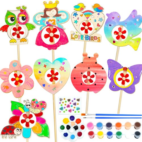 DoodleDoo Make You Own Pinwheels Art Kit for Kids, Wooden Wind Spinner Painting Arts & Crafts for Kids Ages 4-6 6-8, DIY Wood Windmill Creative Crafts, Toys for Girls Boys Birthday Party Gift