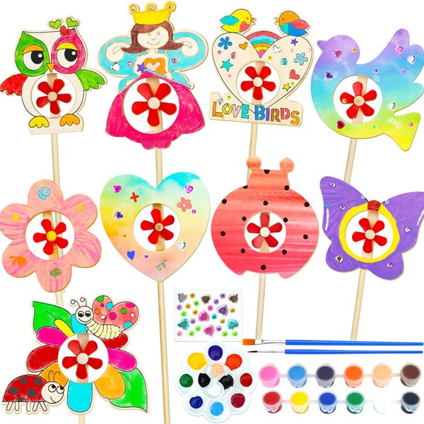 DoodleDoo Make You Own Pinwheels Art Kit for Kids, Wooden Wind Spinner Painting Arts & Crafts for Kids Ages 4-6 6-8, DIY Wood Windmill Creative Crafts, Toys for Girls Boys Birthday Party Gift