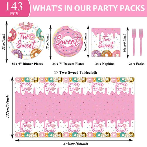 ZOiiWA 143Pcs Two Sweet Birthday Party Decorations Girls Donut tableware Set Sweet Donut 2nd Party Plates Napkins Backdrop Tablecloth Banner Balloons for Baby Girls 2 Years Old Birthday Party Supplies