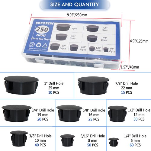 BOPOREAE 250 PCS Nylon Plastic Hole Plug 1" 7/8" 3/4" 5/8" 1/2" 3/8" 5/16" 1/4" Round Drill Hole, Flush Type Panel Knockout Locking Plugs, Black Screw Covers for Furniture Cabinet Insert End Caps