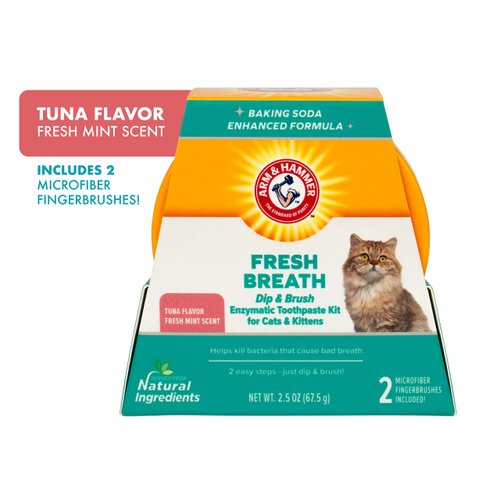 Arm & Hammer Dip & Brush Fresh Breath Enzymatic Toothpaste Kit for Cats and Kittens with 2 Microfiber Finger Bushes, 2.5 Ounces, Tuna Flavor | Cat Dental Care Kit