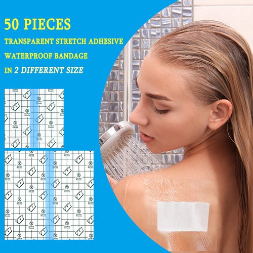 50 Pieces Shower Waterproof Patch Transparent Stretch Adhesive Bandage Waterproof Clear Adhesive Bandages Tattoo Protective Transparent Film Adhesive Bandages for Tattoos (4 x 4 Inch, 6 x 6 Inch)