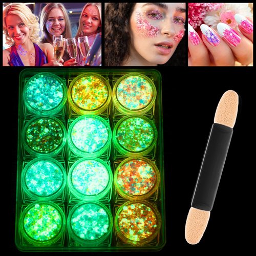 GEEHUA Fluorescent Face Glitter Gel 12 Colours Body Glitter Gel Kit Carnival Glitter Makeup Festival Outfits for Women Hair Glow in The Dark Glitter Gel Light Glitter for Halloween Eyeshadow Nails
