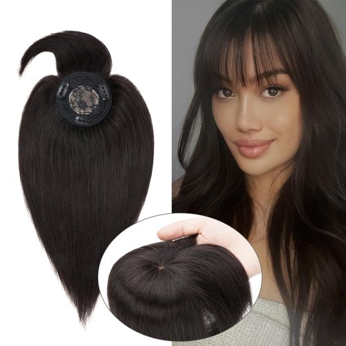 MY-LADY Hair Topper for Womem with Bangs Natural Mono Base Topper 100% Real Human Hair Clip in Hair Piece Middle Part for Hair Loss Thinning Hair Gray 12 Inch 1B Natural Black