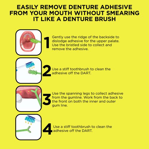 Denture Dart V3 Hard Plastic Denture Brush - Denture Gel Adhesive Remover - Remove Denture Gel Adhesive & Glue from Mouth & Gums, Oral Hygiene Product, Scraper w/Textured Grip and Rigid Bristles