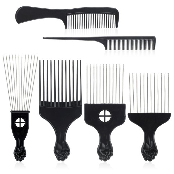 6Pcs Hair Pick Comb for Curly Hair Stainless Steel Hair Pick Beard Pick Comb Afro Hair Picks No Frizz Wide Tooth Comb Hair Picks for Men Lift Detangle Hair Comb