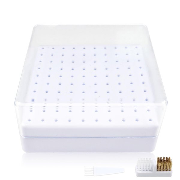 heemeei Nail Drill Bits Holder & Nail Drill Bits Cleaning Brush, 100 Holes Nail Bit Holder, Dustproof Nail Art Drill Bits Display Storage Box, Nail Drill Bit Holder for Nail Tech (White)
