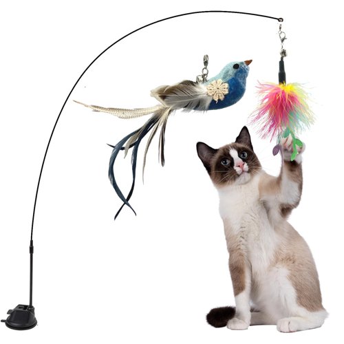 Happy Pets Shop Cat Toy Feather Wand Suction Cup - Interactive cat Toy - Automatic cat Toy - Interactive cat Toys for Indoor Cats - Cat Feather Toy Automatic - Interactive Bird Simulation Cat Toy