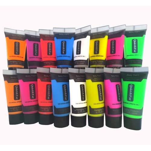 Quiet&Far Body Paint Set with tubes 16 x 20ml/0.7 fl oz Neon Glow in the dark paint face paint under Blacklight Reactive Fluorescent Paint Non-Toxic