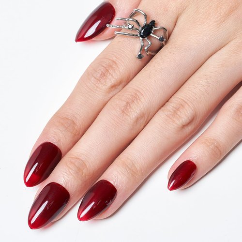 GLAMERMAID Dark Red Press On Nails Short Almond, Christmas Handmade Soft Jelly Gel Nail Tips Deep Burgundy Round Fake Nails, Deep Red Stick Glue on Nails for Women, Reusable Round Oval False Nail Kit