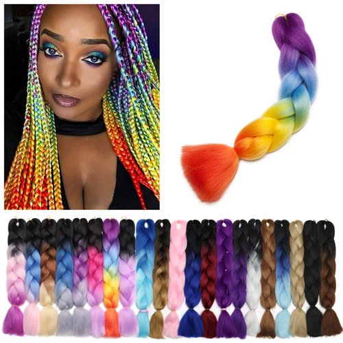 Benehair Rainbow Braiding Hair 1 Bundle 24inch Jumbo Braiding Hair Extensions High Temperature Synthetic Braid Hair Braiding Hair Pre Stretched Ombre Braiding Hair (Purple+Blue+Yellow+Orange)