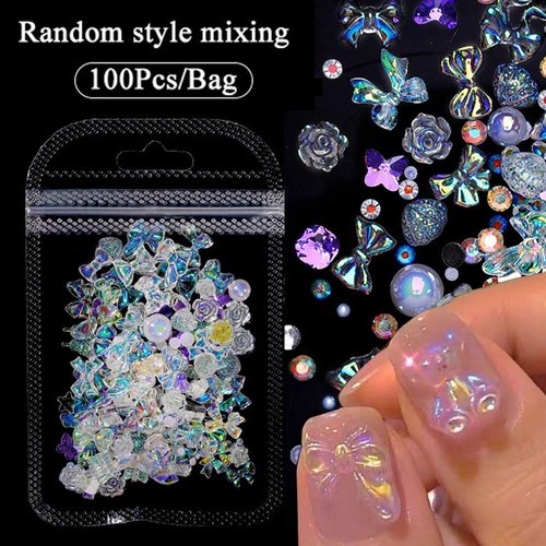 100pcs Mix Shapes Aurora Nail Art Charms Camellia Bow Nail Charms Resin Flower Butterfly Charms for Nails Design Kawaii Bear Moon Heart Nail Charm Ribbon Bows for Nails Charms Nail Flowers Nail Bows