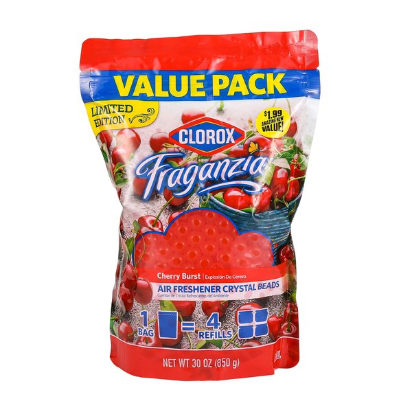 Clorox Fraganzia Air Freshener Crystal Beads Refill Pouch in Limited Edition Cherry Burst Scent, 30 Ounces, 30 Ounce | Easy to Use Air Freshener Beads for Long-Lasting Fragrance