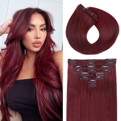 Doupor Clip in Hair Extensions Real Human Hair,Silky Straight Remy Human Hair Seamless Clip in Hair Extensions Soft Natural Clip ins for women,Burgundy Red 8pcs 120g 22 inch