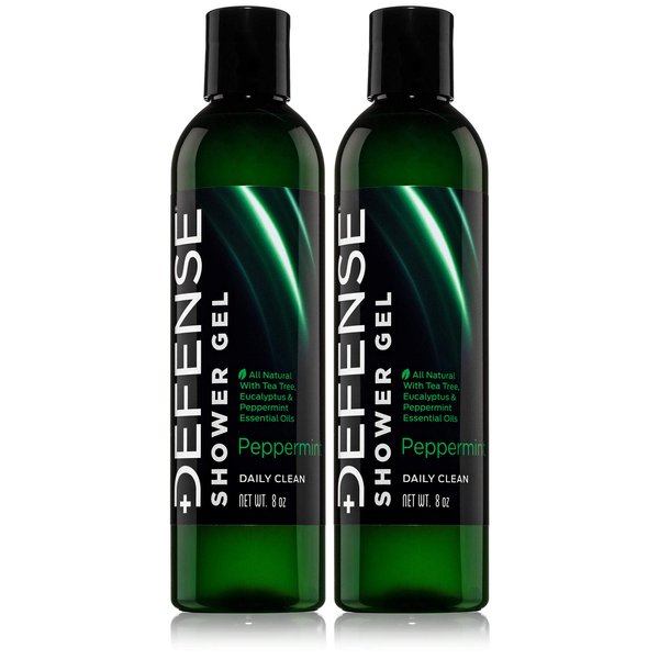 Defense Soap Organic Peppermint Body Wash | All Natural Mint Shower Gel with Tea Tree Oil, Eucalyptus Oil. Wrestling Inspired, For All Mens & Womens Skin Types. 8 oz (Pack of 2)