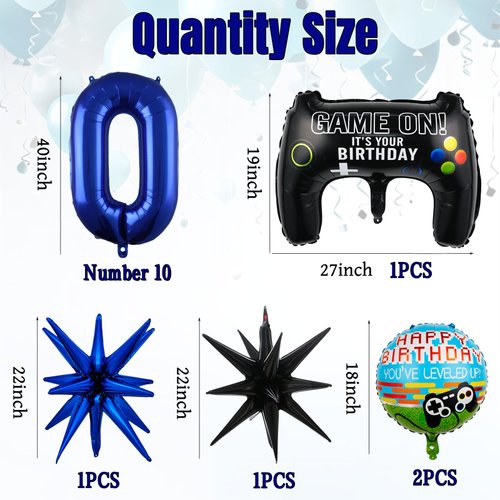 11pcs Video Game Themed Party Decorations, Number 10th Boys Birthday Party Supplies, Navy Blue Video Game Controller Mylar Foil Balloon, Video Game Party Decoration Supplies