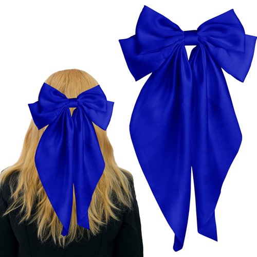 Pufandor Hair Bow Silky Satin Hair Ribbons for Women, Blue Bows for Girls Hair Bowknot Barrettes Long Tails with Clips Big Hair Bows Hair Accessories (Sapphire Blue 1pc)