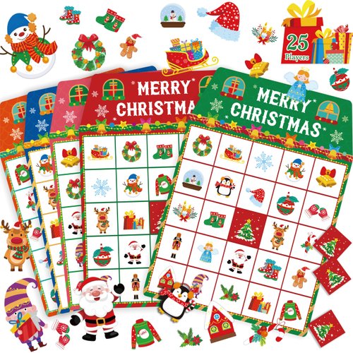 SpriteGru Christmas Bingo Game, 25PCS Bingo Board Game, 2-25 Players Bingo Game Set for Teenager or Adults Xmas Party, Fun Interesting Activity Winter Party Supplies