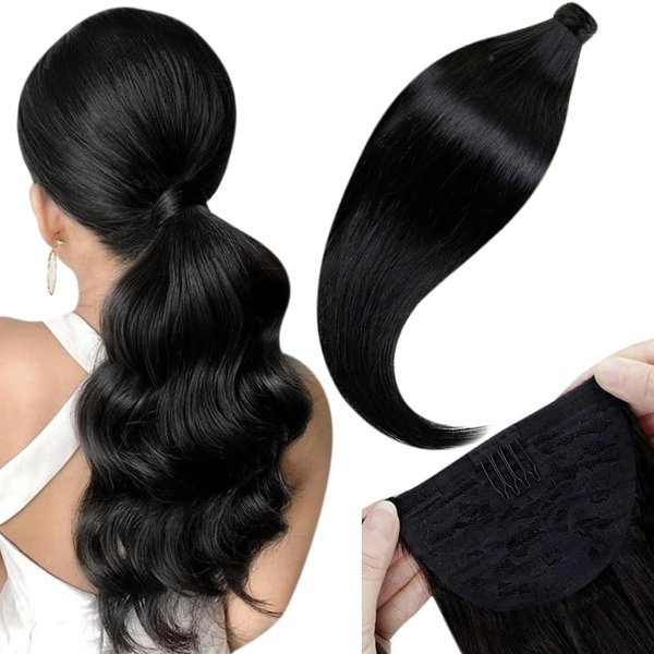 LaaVoo Clip in Ponytail Hair Extensions Human Hair Natural Black Ponytail Human Hair Wrap Around Hair Extensions #1 Jet Black Short Ponytal Extension Human Hair 12 Inch 70g