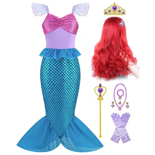 Nerveol Little Girls Princess Mermaid Costume for Girls Dress Up Halloween Costumes Cosplay with Wig, Crown 5-6 Year