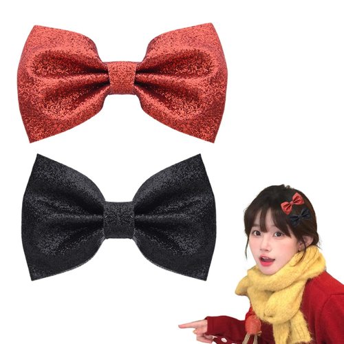 Xmas Christmas Bow Hair Clips Sparkly Hair Clip Christmas Hair Accessories for Girls Kids Red Black Hair Barrettes Xmas Glitter Hair Bow Clips Bow Hairpin for Thick Thin Hair 2pcs Hair Clips