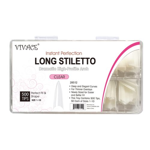 VIVACE Clear Long Stiletto 500pcs Artificial Fake Gel Nail Tips,10 Sizes With Clear Plastic Case For Nail Salon
