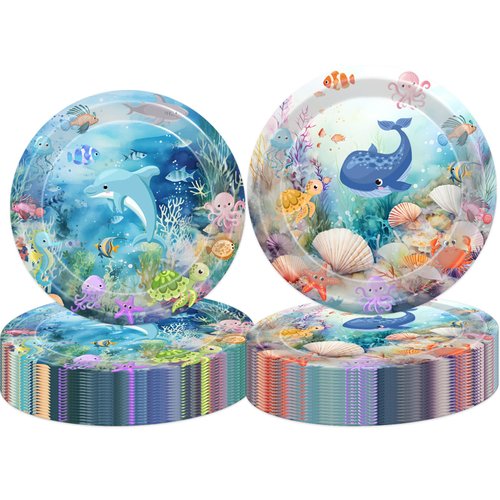 100 Pcs Ocean Under The Sea Party Dinnerware Ocean Paper Plates Napkins Forks Cups Dinnerware for Underwater World Sea Life Theme Baby Shower 1st 2nd 3rd 4th Birthday Party Decorations Supplies