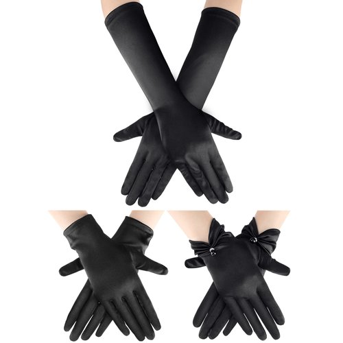 3 Pairs Women&#39;s Long Satin Gloves Elbow Length 1920s Opera Bridal Gloves Short Wrist Length Stret...