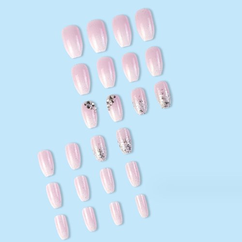 Hkanlre Bling Coffin Press on Nails Fake Nails Tips Full Cover Medium False Gradient Nails for Women and Girls 24PCS (Bling Coffin)