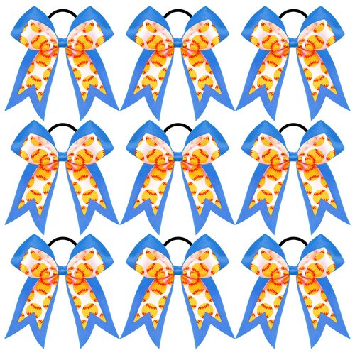 MTLEE 9 Pcs 7.5 Inch Blue Softball Ribbon Hair Bows Cheer Hair Bows Elastic Scrunchies Hair Bands Cheerleader Bows Volleyball Sports Ball Ponytail Holder Sport Hair Accessories for Girl Player