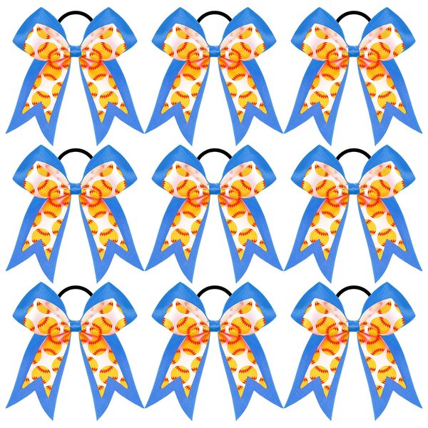 MTLEE 9 Pcs 7.5 Inch Blue Softball Ribbon Hair Bows Cheer Hair Bows Elastic Scrunchies Hair Bands Cheerleader Bows Volleyball Sports Ball Ponytail Holder Sport Hair Accessories for Girl Player