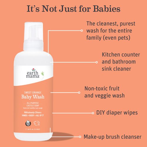 Earth Mama Sweet Orange Baby Wash Liquid Foaming Hand Soap Refill, Organic All Purpose Body Wash for Sensitive Skin, Castile Soap with Coconut Oil, Shea Butter, Calendula, & Aloe, 34 fl oz