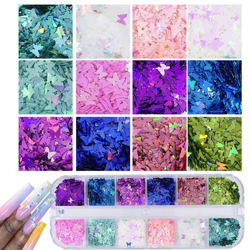 AddFavor 4 Boxes Holographic Nail Sequins Shapes Mixed Iridescent Nail Glitter Flakes Butterfly Hearts Star DIY Design Manicure Decorations Sets for Nail Art/Craft/Makeup