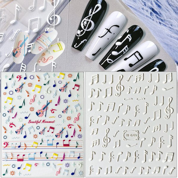 Music Notes Nail Stickers 3D Self-Adhesive Nail Decals Colorful Music Note Nail Art Supplies for Nail Designe with Musical Instrument Patterns Nail Tattoos for Women Girls 2 Sheets