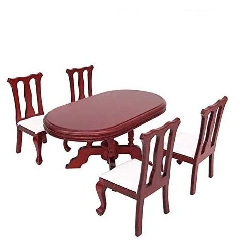 EatingBiting 1:12 Dollhouse Miniature Furniture Red Wooden Dining Table Chairs 5pcs Set 1 Table and 4 Chair Wooden Creative Handcraft Gift for Boys Girls Perfect for Interior Model.