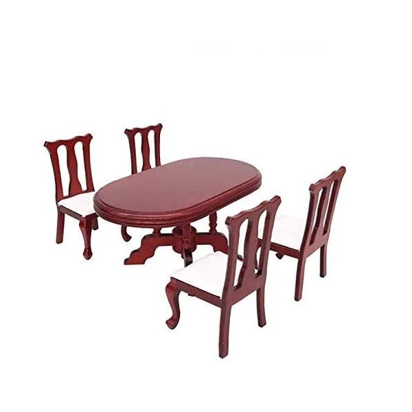 EatingBiting 1:12 Dollhouse Miniature Furniture Red Wooden Dining Table Chairs 5pcs Set 1 Table and 4 Chair Wooden Creative Handcraft Gift for Boys Girls Perfect for Interior Model.